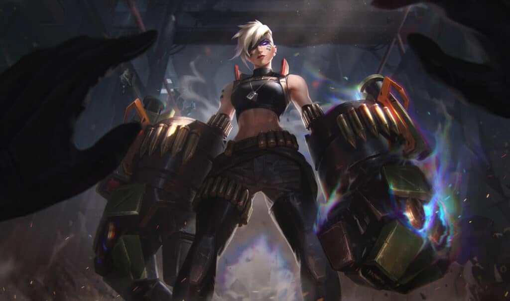 Vi stands confidently with oversized, mechanical gloves emitting colorful energy