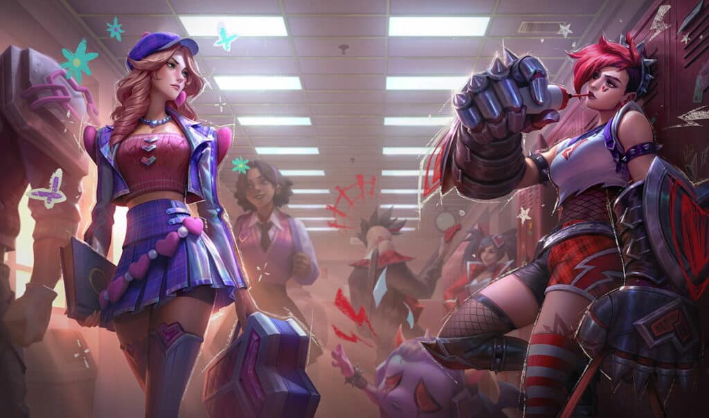 Two LoL characters face off in a vibrant school hallway. One wears a preppy outfit with hearts, while the other sports a punk look with red accents
