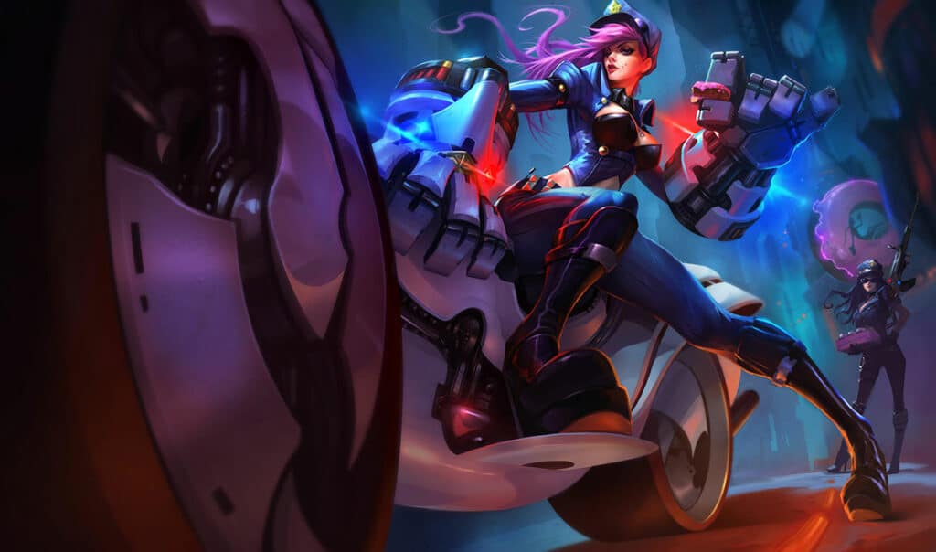 Vi with pink hair and robotic gloves poses confidently on a sleek motorcycle