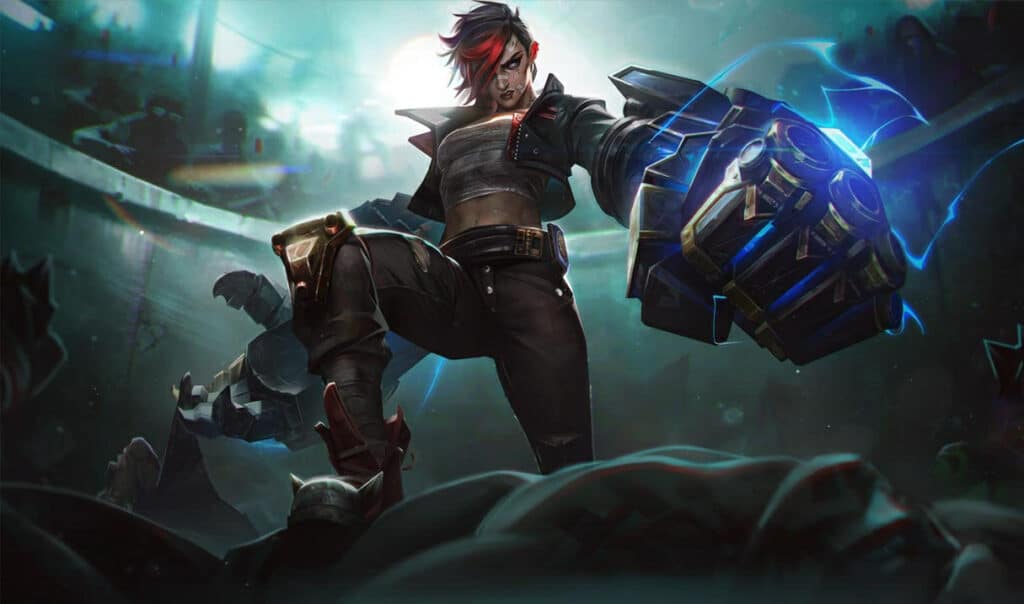 Vi with red and black hair stands in an arena, wielding a large, glowing mechanical gauntlet