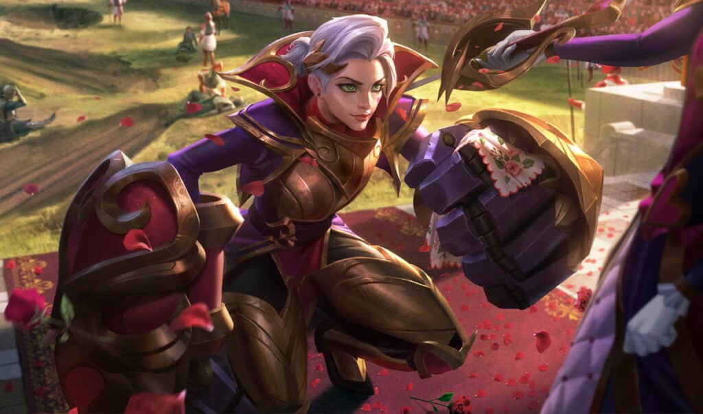 Vi in ornate purple and gold armor kneels on a rose petal-strewn path, their expression intense