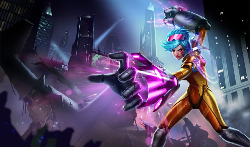Futuristic scene featuring Vi with blue hair and a golden suit. She wields glowing purple gauntlets amidst a cityscape