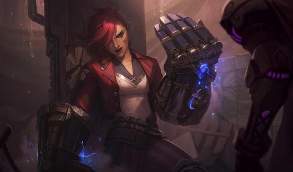 Vi with pink hair in a red jacket, wielding a large, glowing mechanical glove, leans against a wall in a dim, dramatic setting