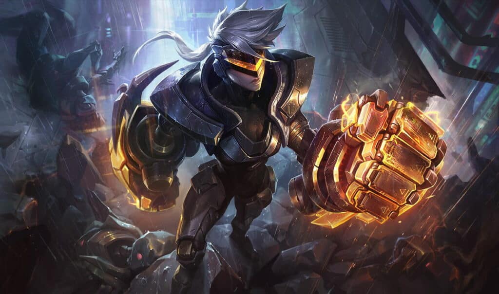 Vi with silver hair, wearing dark armor and glowing mechanical gauntlets, smashes rubble