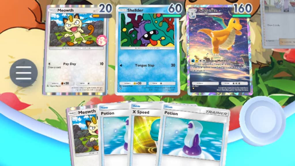 A digital card game display featuring three main cards: Meowth, Shellder, and a holographic Dragonite. Additional item and trainer cards are visible below