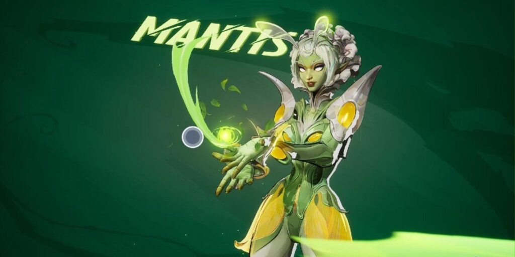 Mantis with insect features and bright green attire stands poised, emitting a glowing orb and energy trails