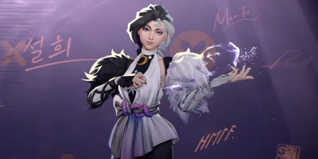 Luna Snow with black and white hair holds a glowing orb in one hand