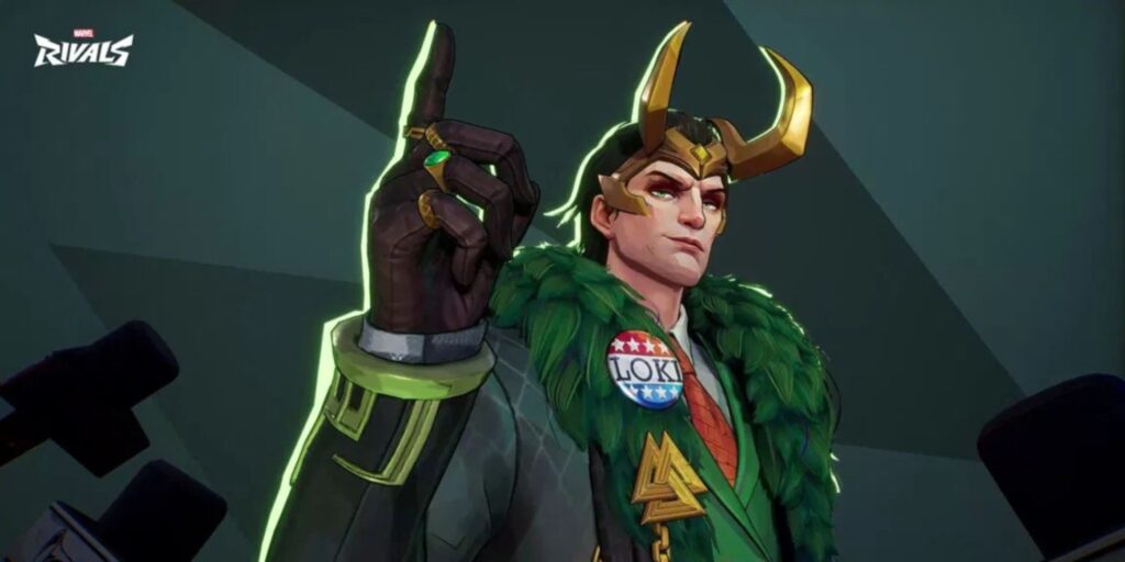 Loki wears golden horns and a green fur collar, holding up one finger confidently