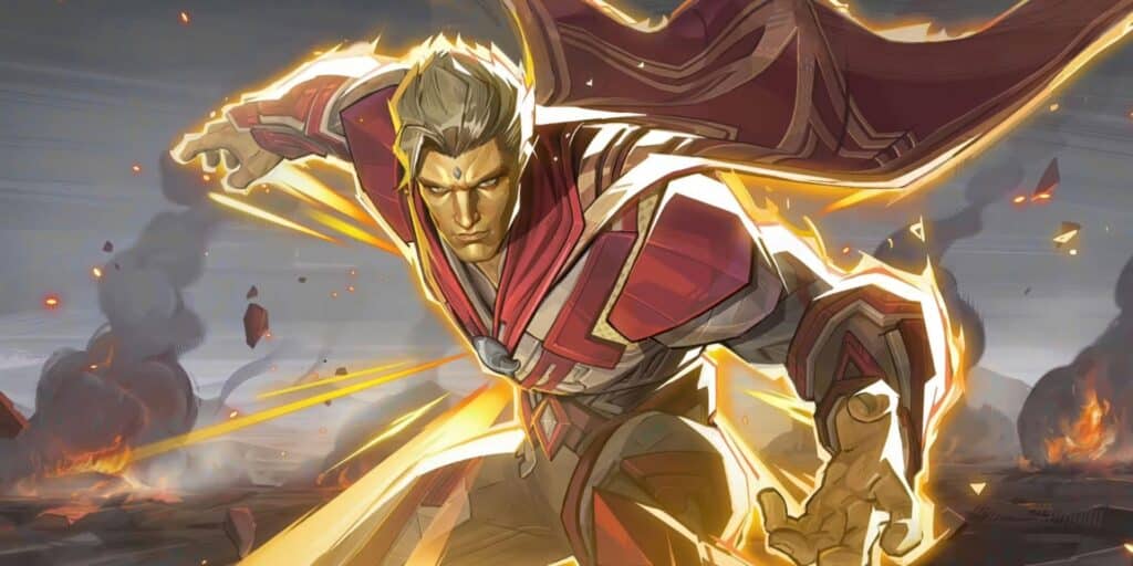 Adam Warlock in dynamic pose, wearing red and gold armor with a cape, surges forward amid smoke and debris, exuding power and determination