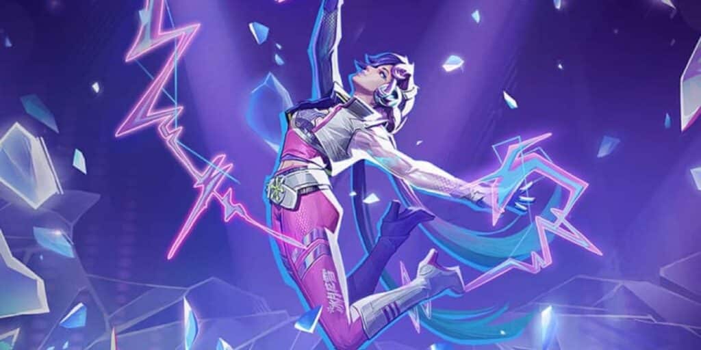 Luna Snow with neon highlights leaps dynamically, breaking through holographic shards