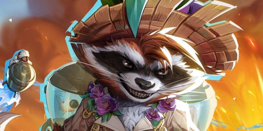 Rocket Raccoon wearing a straw hat and purple flower necklace, with a confident grin