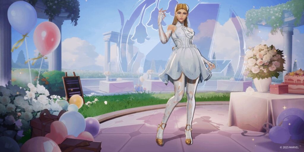 Invisible Woman in white stands gracefully in a garden party setting with balloons, roses, and a cake