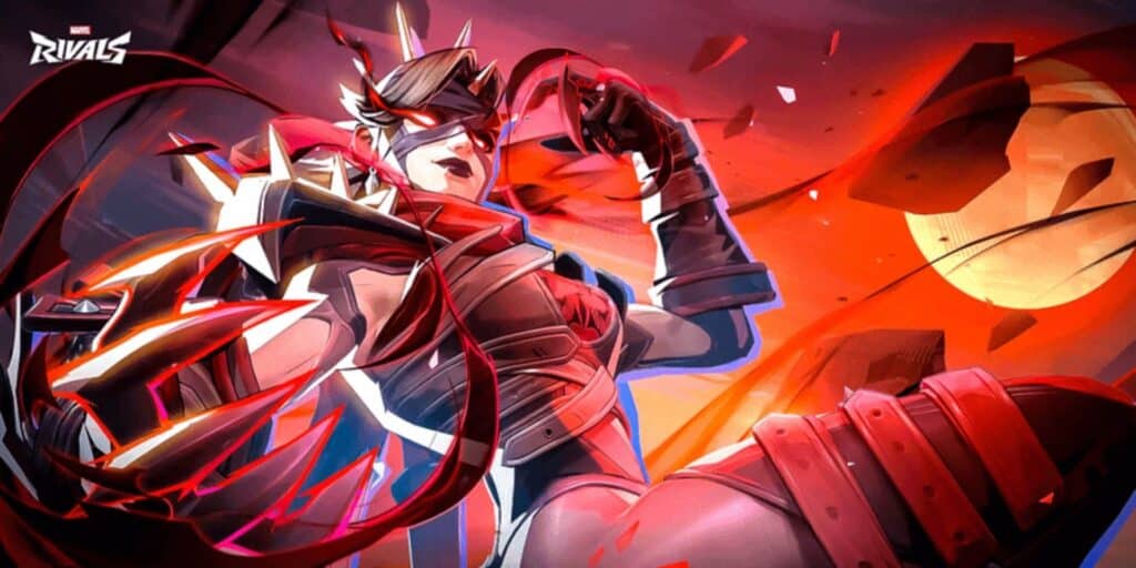 Malice with red and black spikes, blindfolded, poses dynamically against a fiery red and orange backdrop