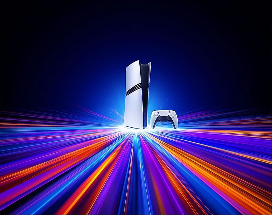 PlayStation 5 illuminated by vibrant, colorful light beams against a dark background
