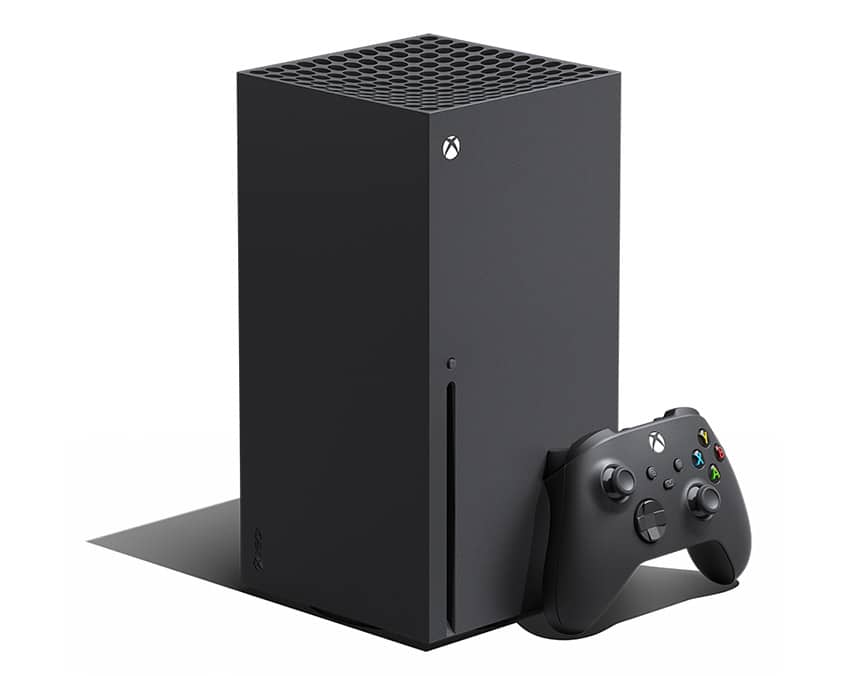 A sleek, black Xbox Series X console stands vertically with vent holes on top, paired with a matching black controller