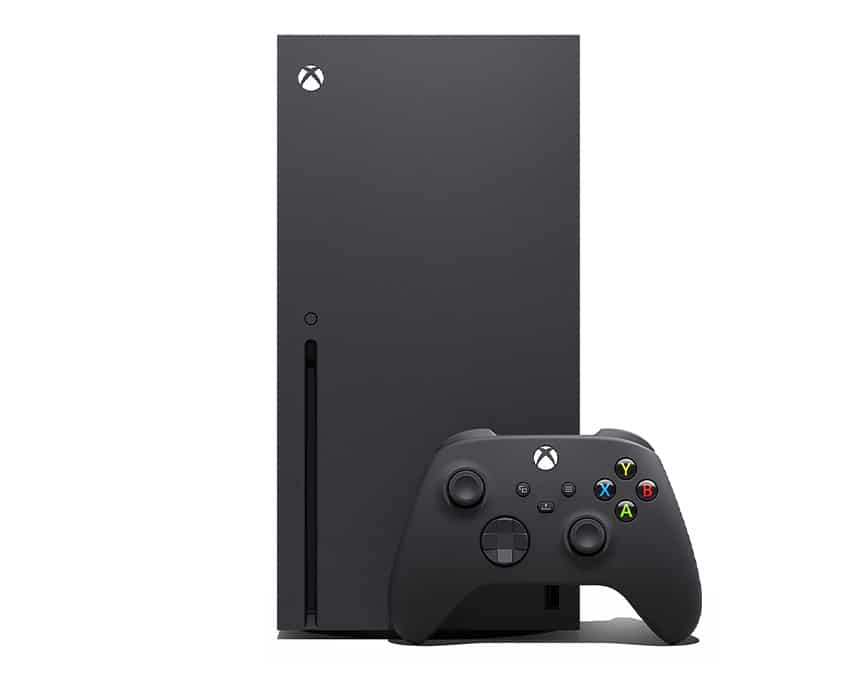 Xbox Series X/S vertically positioned with a matching black controller in front.