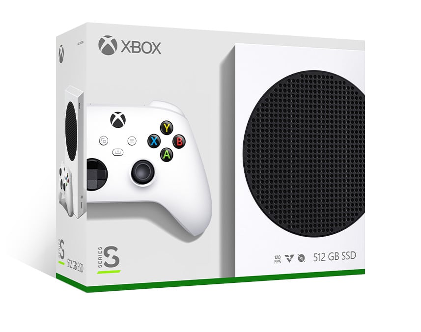 Packaging of an Xbox Series S console in white, displaying the console and controller on the box