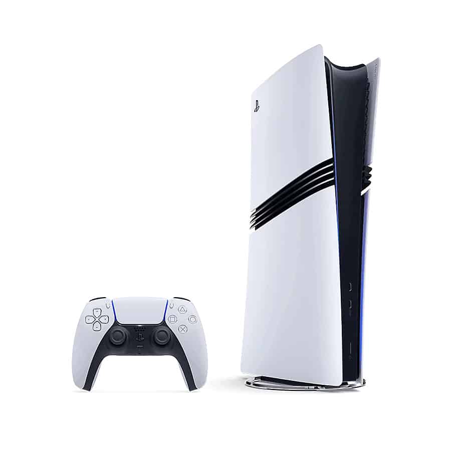 PlayStation 5 Pro stands vertically beside a matching wireless controller.
