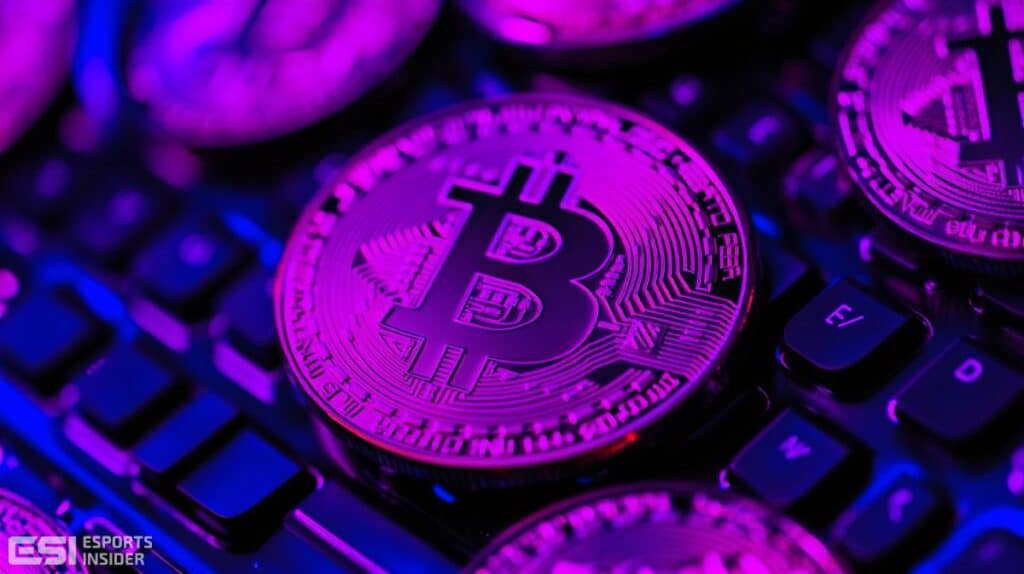 Close-up of a Bitcoin coin resting on a keyboard, illuminated by purple and blue lighting