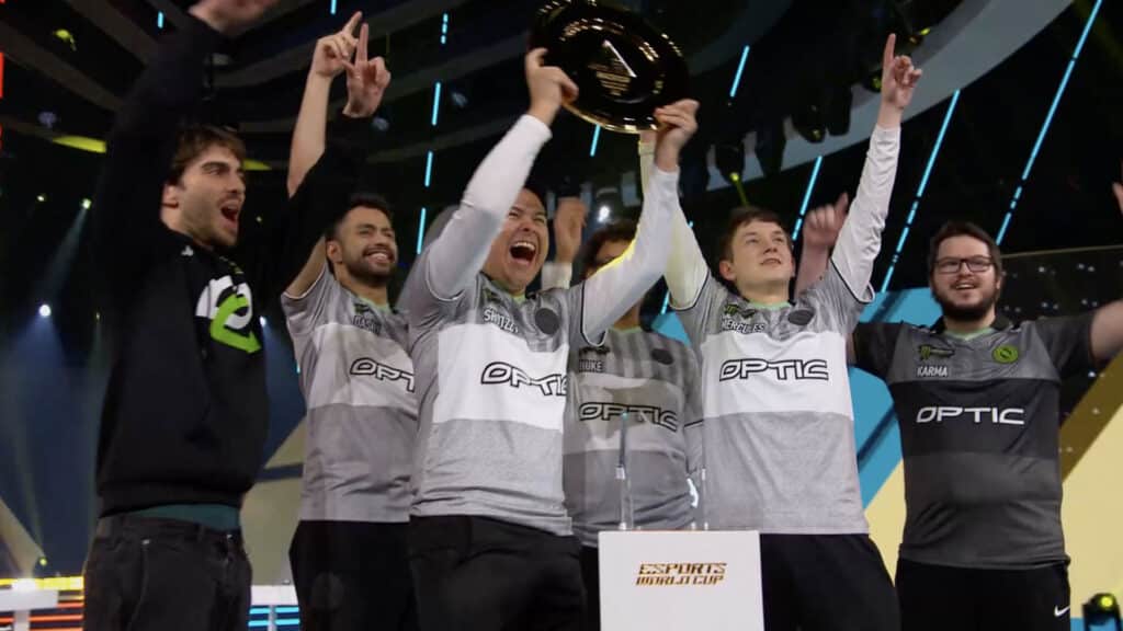 Image of OpTic Gaming lifting Esports World Cup trophy