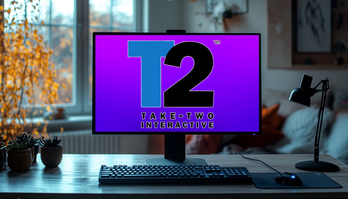 Computer monitor displaying "Take-Two Interactive" logo with a purple background
