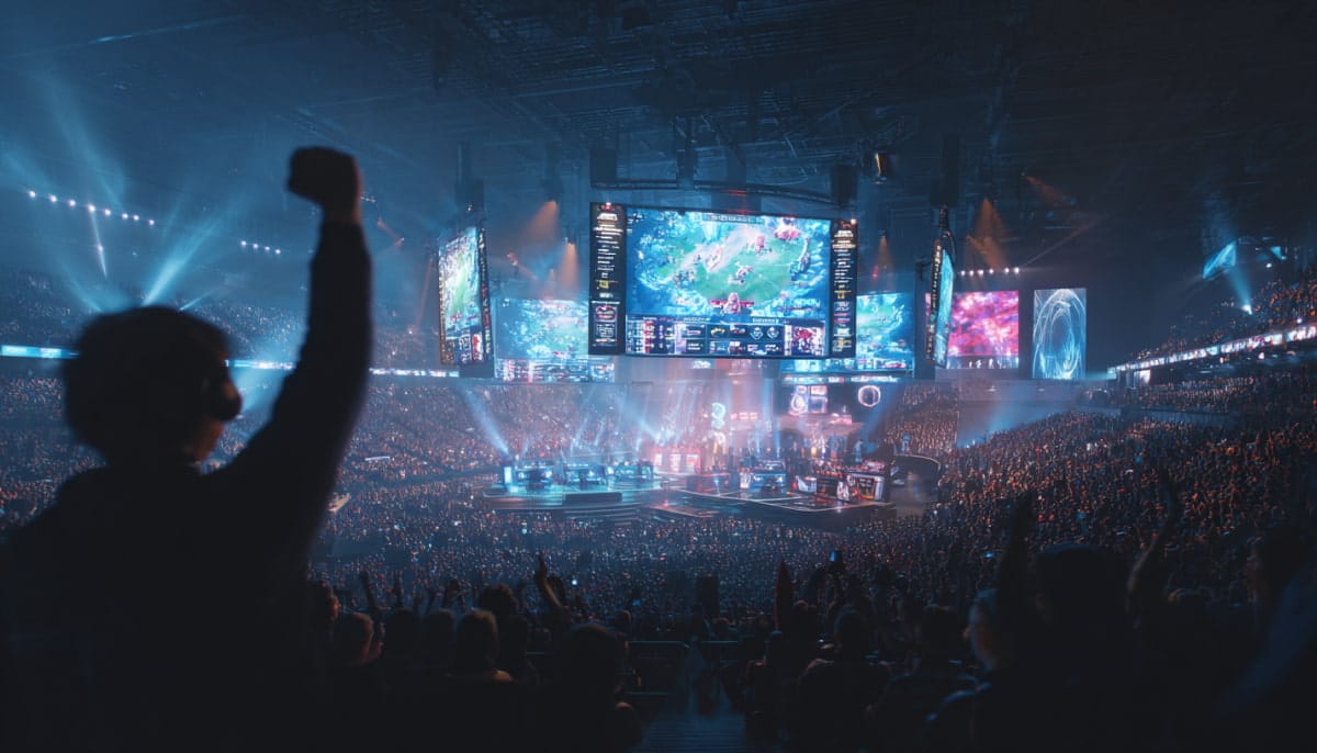 A packed esports arena with thousands of fans watching a live MOBA tournament on massive overhead screens, as a fan in the foreground raises a fist in celebration