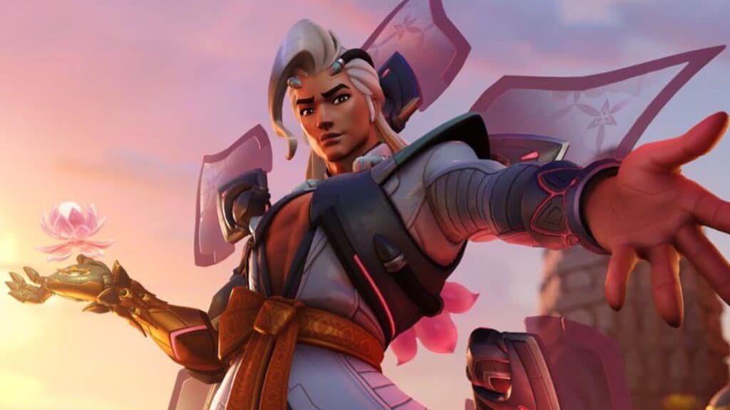Lifeweaver with white hair and armor poses confidently against a pink sky, holding a glowing lotus flower