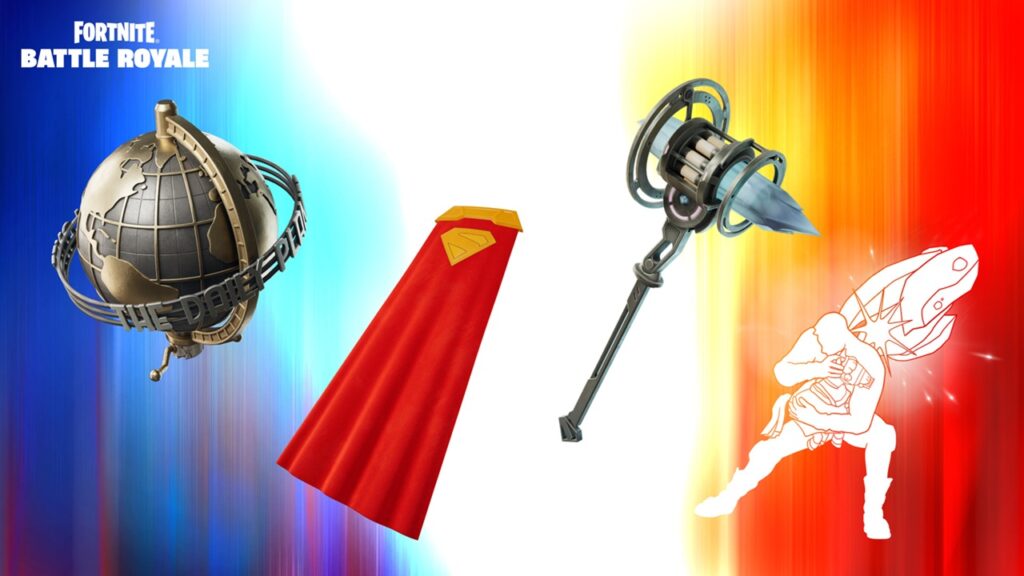 Fortnite Battle Royale promo image with a globe trophy, red superhero cape, sci-fi pickaxe, and outline figure on vibrant gradient background