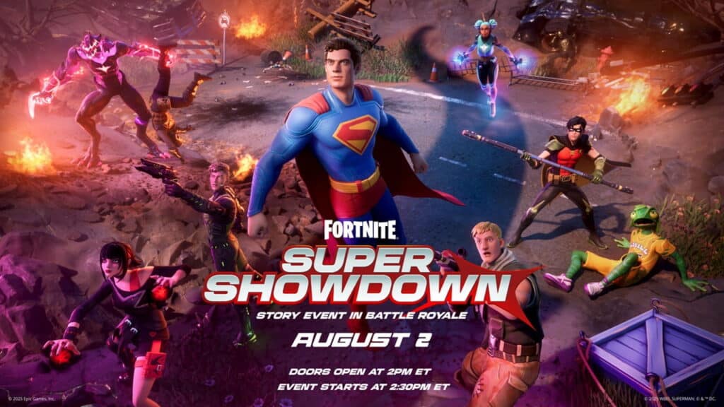 Fortnite Super Showdown poster featuring superheroes and characters in action poses. Dynamic, colorful scene with explosions, set for August 2 event