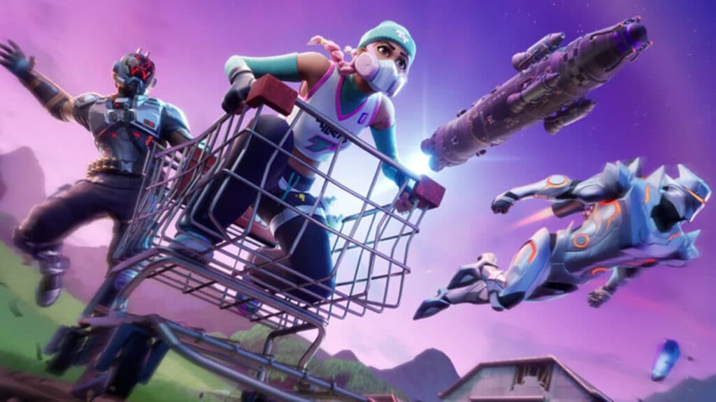 Three Fortnite characters in futuristic outfits move energetically; one rides in a shopping cart while a spaceship flies overhead in a vibrant, purple sky