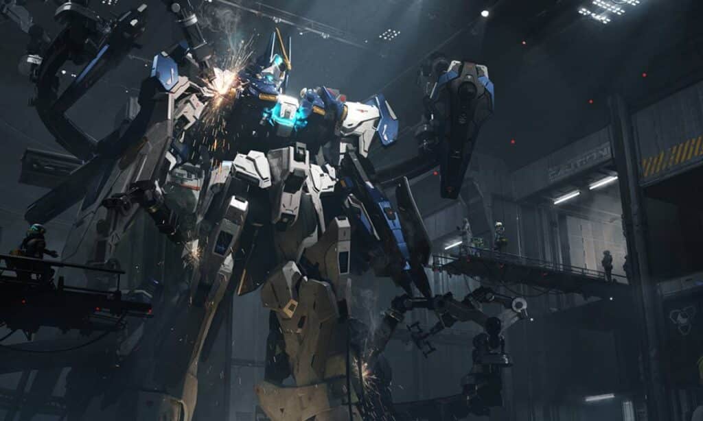 A large blue-and-white mech being constructed in a high-tech factory with workers and robotic arms
