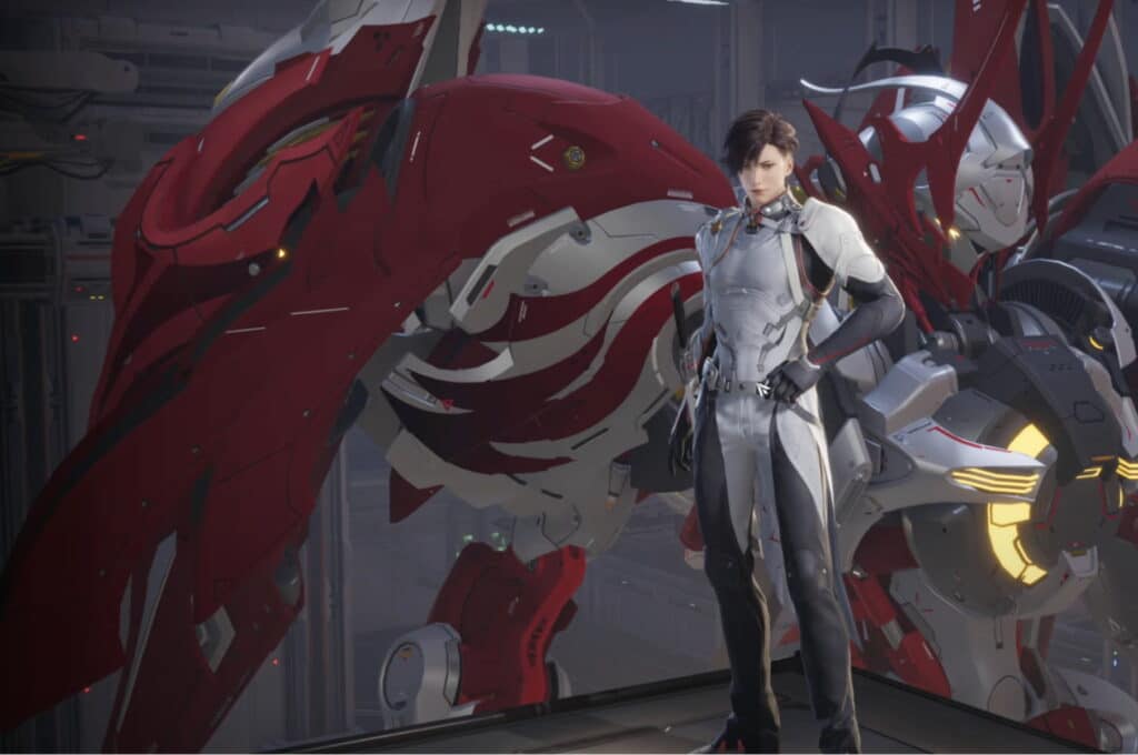 A person in a futuristic suit stands confidently with a large, red-and-white mech in the background
