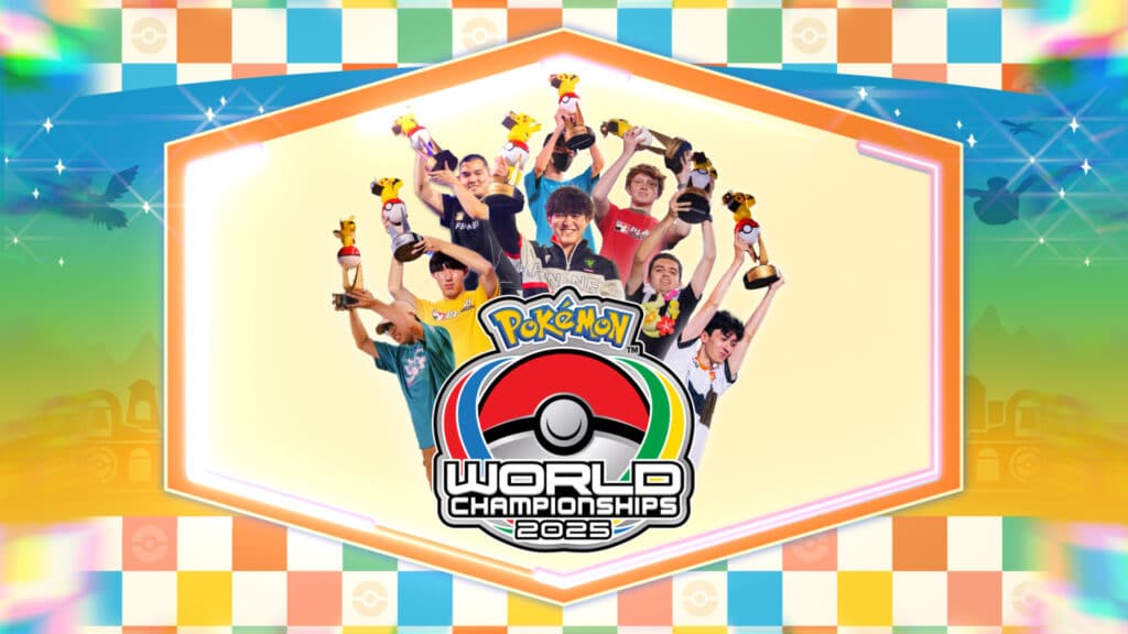 Pokémon World Championships 205 logo featuring 2024 champions hoisting trophies 