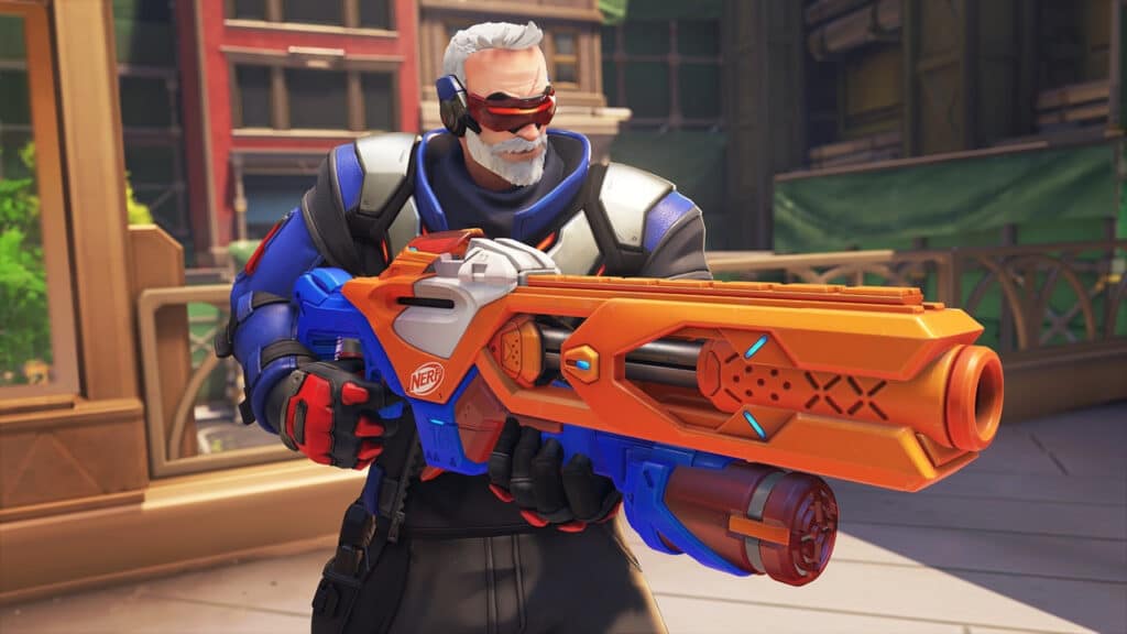 A character in futuristic armor holds a large Nerf gun, set in a cityscape