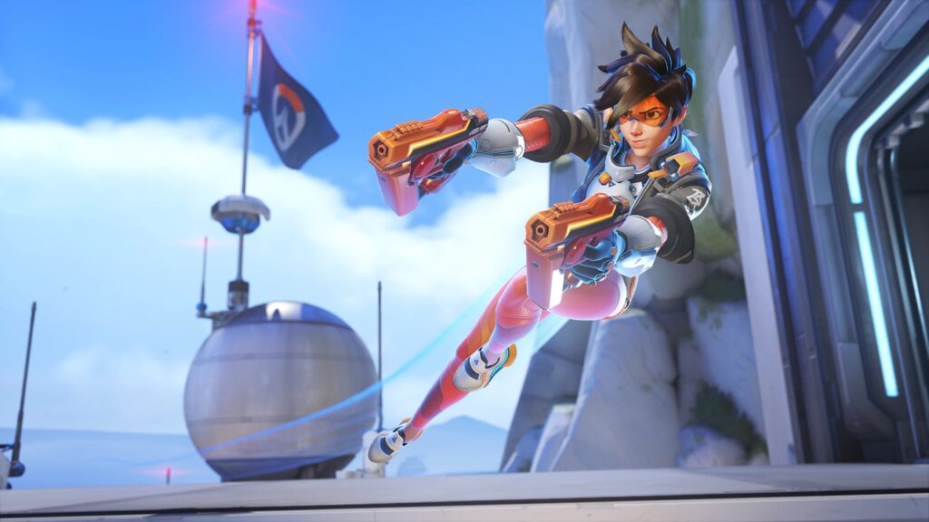 A dynamic character in a futuristic suit leaps forward, dual-wielding orange guns