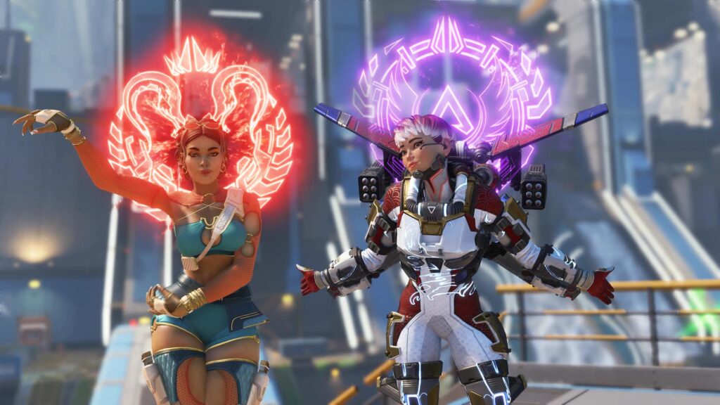 Two futuristic characters from Apex legends stand side by side, glowing symbols above their heads