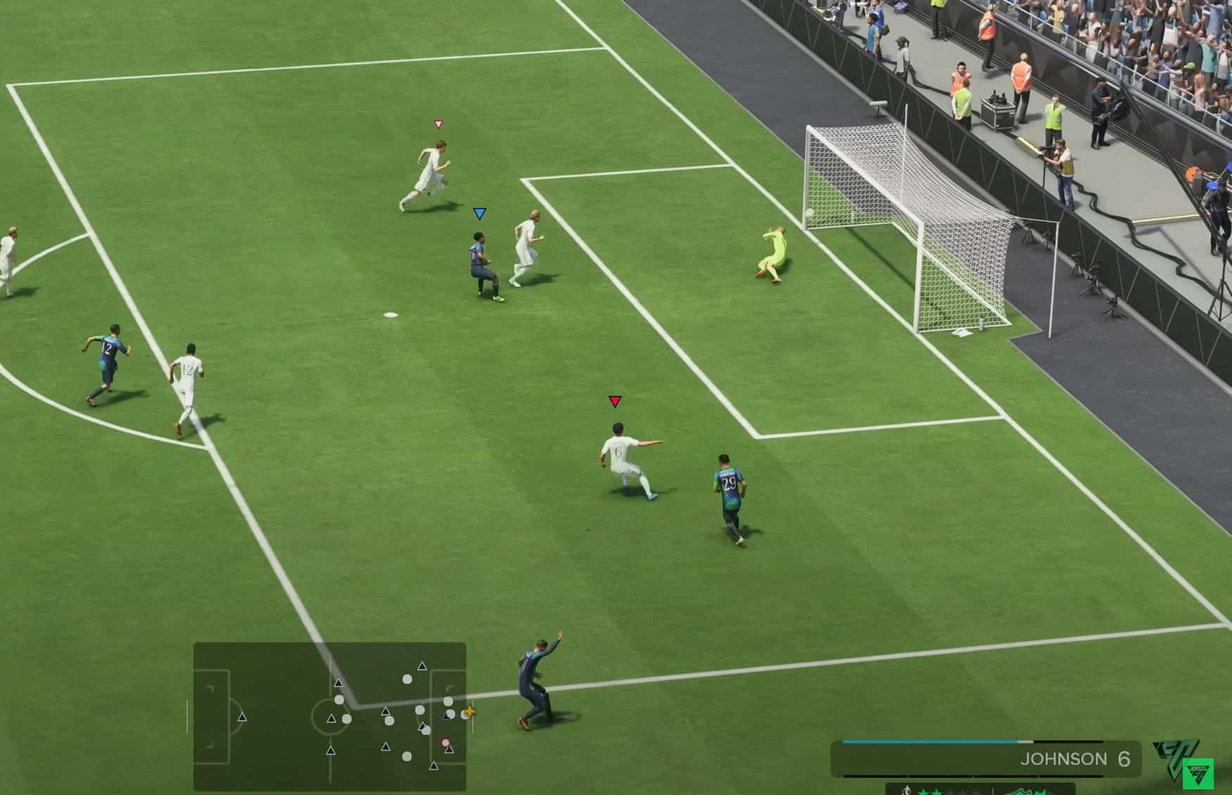 EA FC scene showing a player in white about to shoot at the goal