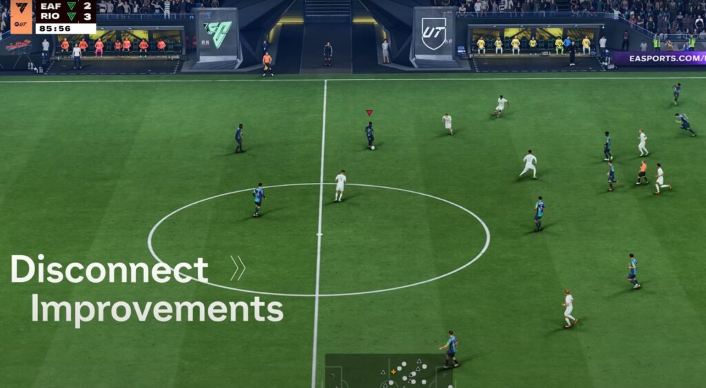 EA FC scene showing a soccer match. Players in blue and white jerseys compete near midfield