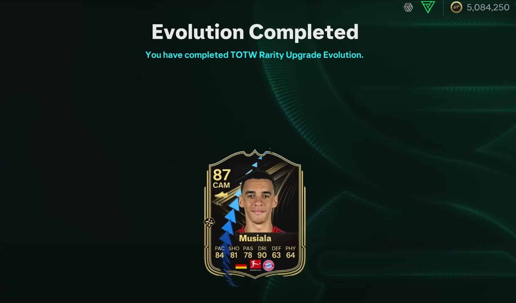 FIFA Ultimate Team card for Musiala with 87 overall rating and CAM position, showcasing attributes like 84 PAC, 81 SHO