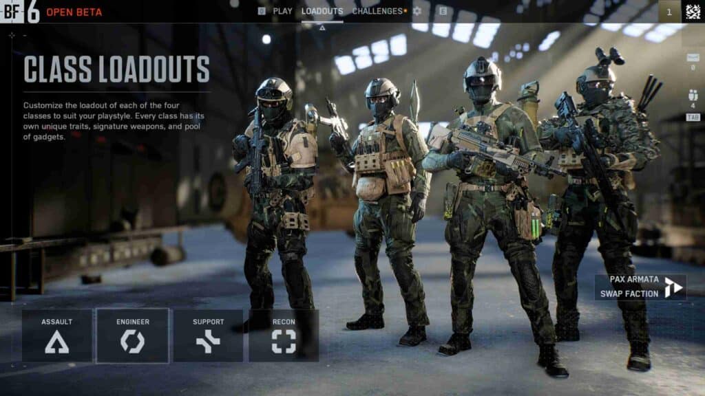 Four armed soldiers in tactical gear stand together, showcasing various class loadouts for a BF6 set in a military environment.