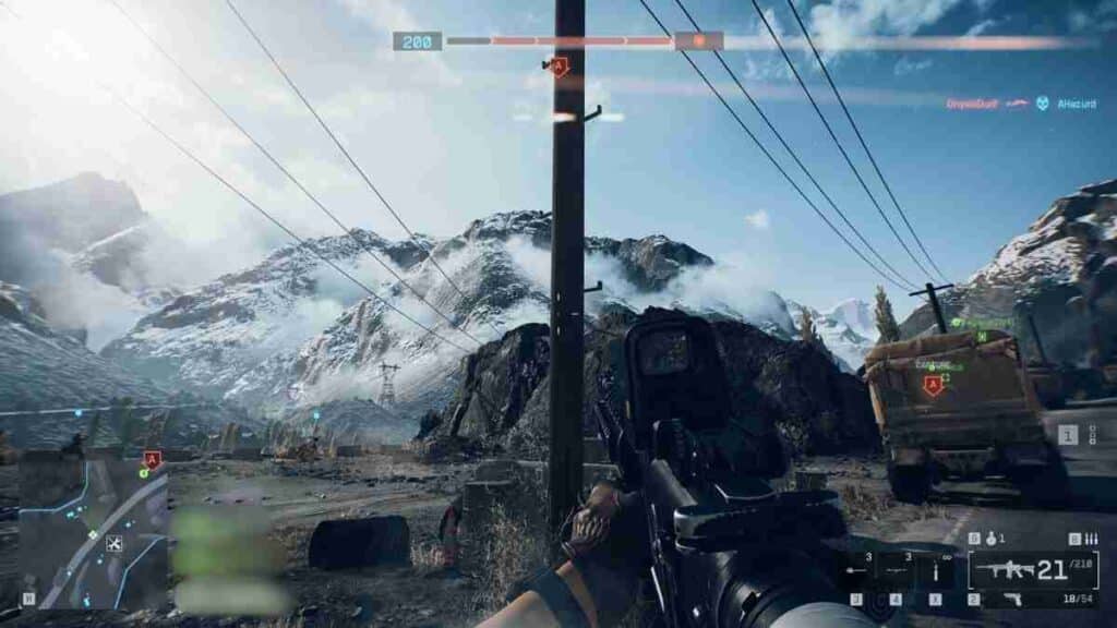 Action-packed screenshot from Battlefield featuring soldiers in combat, surrounded by explosions and a dramatic sky.