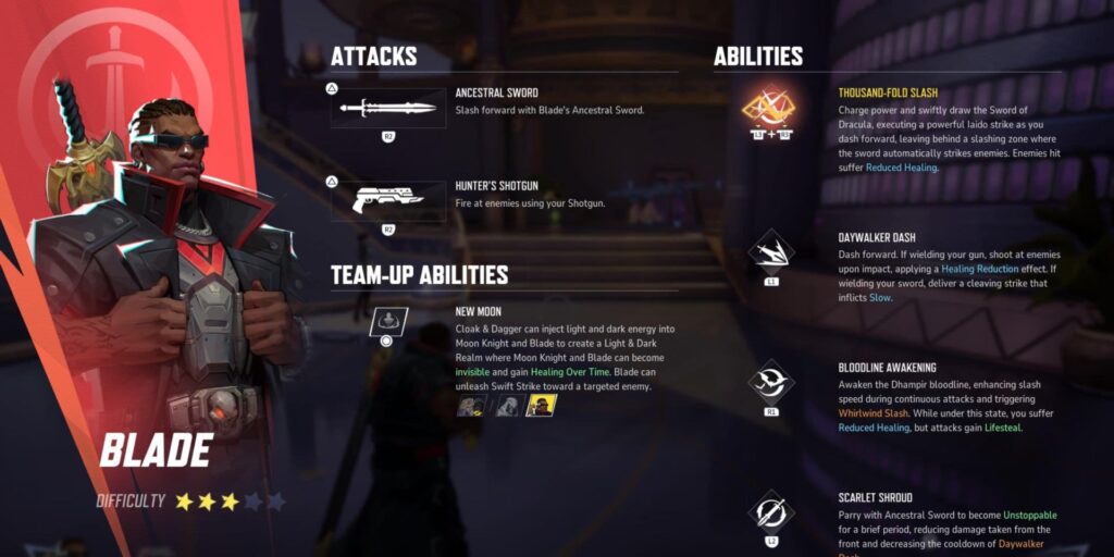 Blade stands confidently with crossed arms, depicted alongside a detailed list of attacks and abilities
