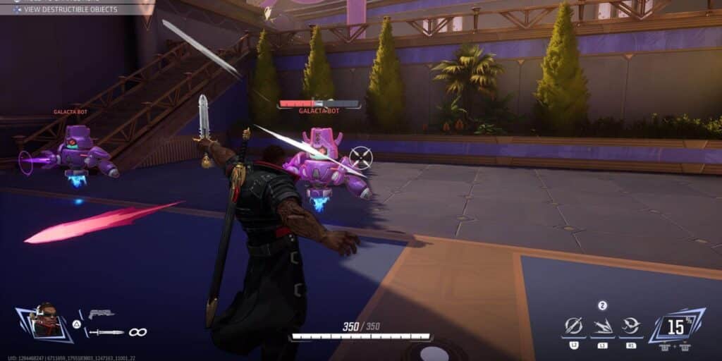 Marvel Rivals game scene shows a character wielding a sword, facing two robotic enemies labeled "Galacta Bot"