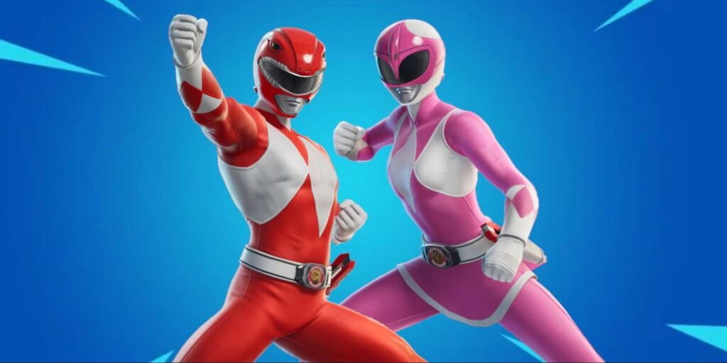 Two Rangers in red and pink suits strike dynamic poses against a bright blue background, exuding energy and confidence