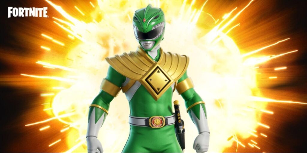 Green Ranger from Fortnite poses heroically in front of an explosive yellow background