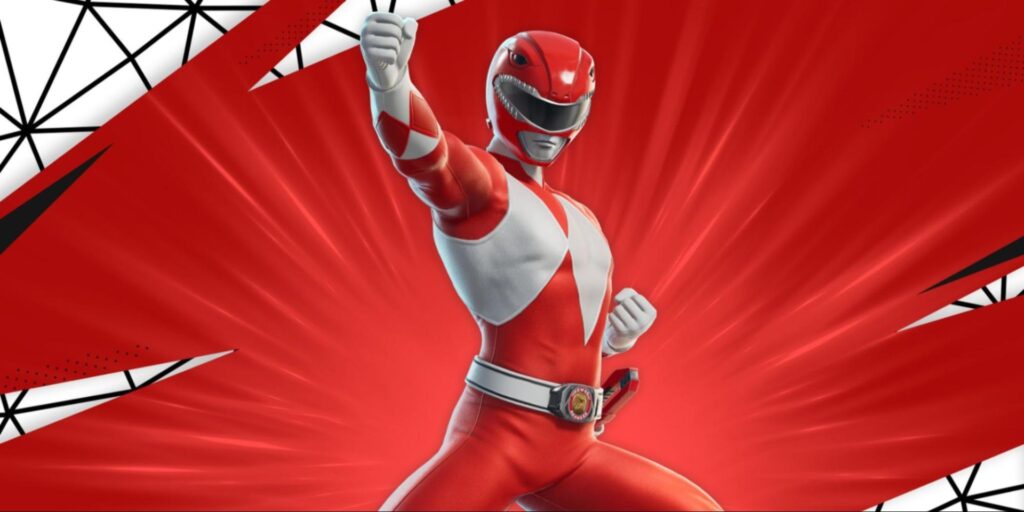 Ranger in a red and white suit strikes a powerful pose against a vibrant red burst background with geometric black accents