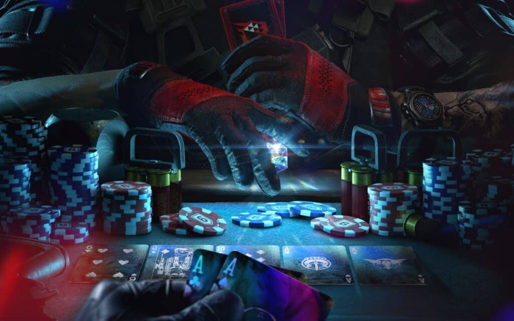 A person in tactical gear plays poker, holding an Ace pair. Chips, grenades, and shotgun shells surround the table