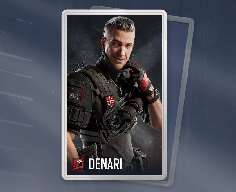 A confident man with gray hair and tactical gear, featuring patches and a headset, stands against a dark background. Text at the bottom reads "DENARI."