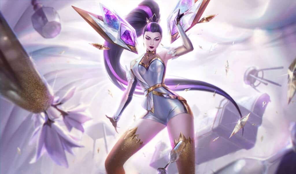 Kai'Sa with long purple hair and crystal armor poses confidently
