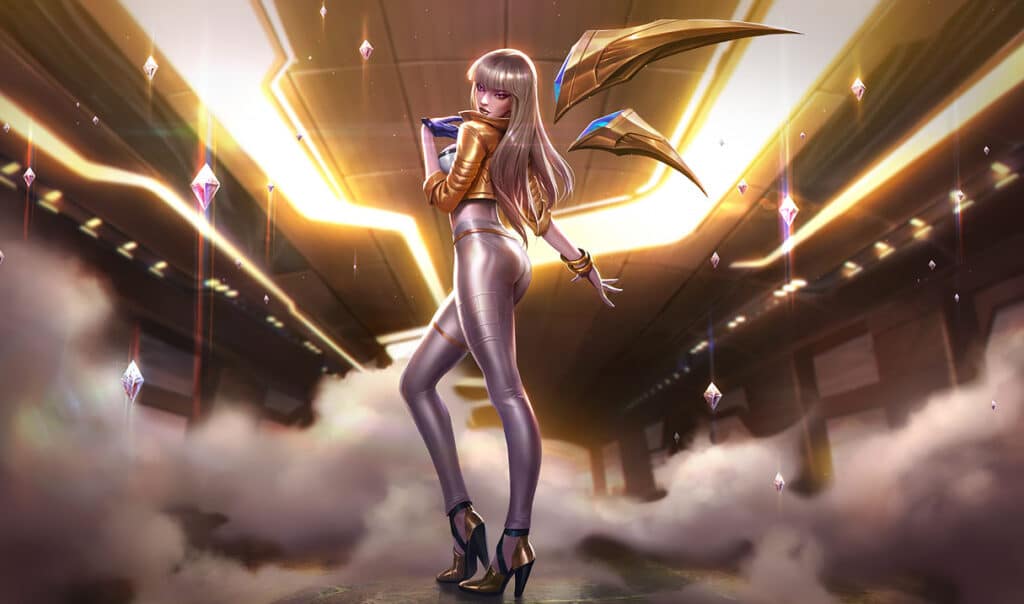 Kai'Sa in shiny silver attire stands in a futuristic hallway, holding a large golden scythe